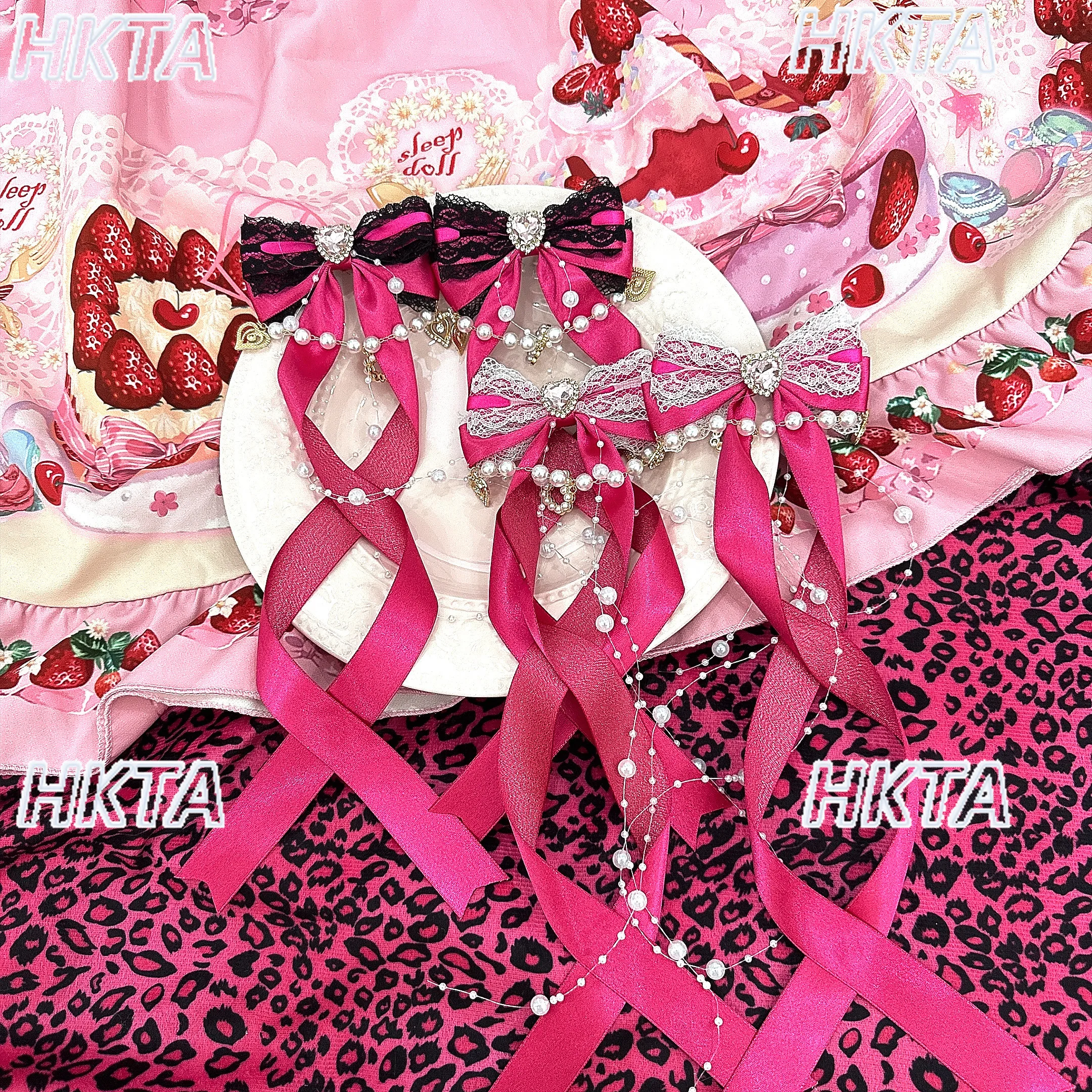 Handmade Japanese Style Hairpin Lolita Style Texture Long Ribbon Headband Pearl Rhinestone Bow Kawaii Sweet Girls Clips Headband