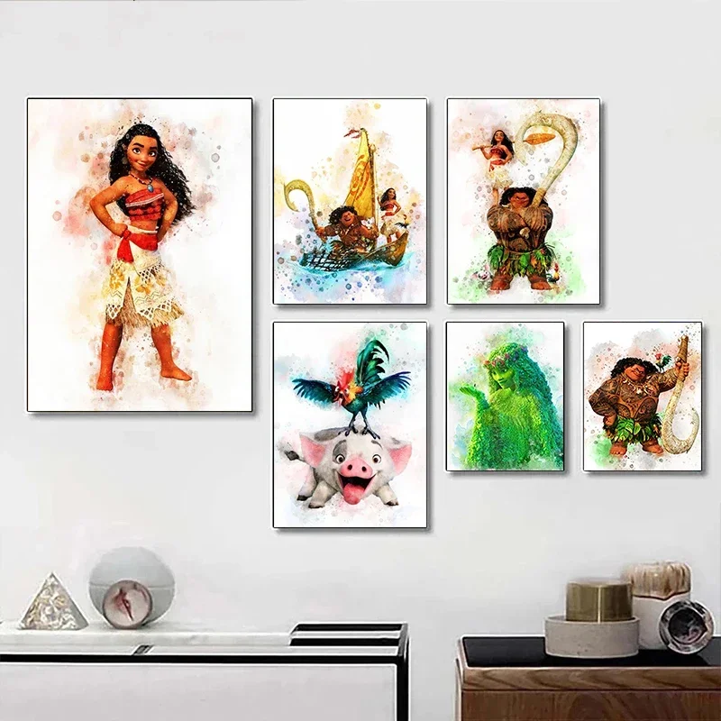 Disney Moana Watercolor Posters And Prints Maui Pua Hei Hei TeFiti Canvas Paintings Wall Art Picture For Living Room Home Decor