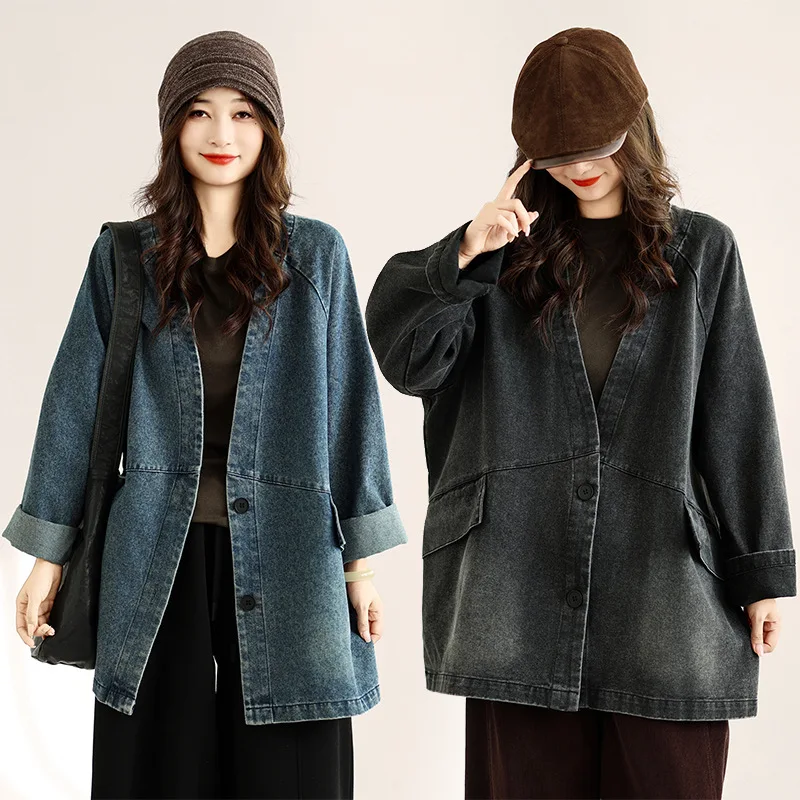 SuperAen Autumn New Fashion Vintage Loose Oversized Long-sleeved Washed Denim Coat for Women High Street Coats