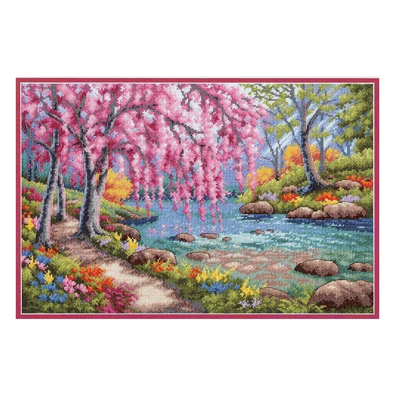 Amishop Gold Collection Lovely Counted Cross Stitch Kit Cherry Blossom Creek Flowers Forest Stream Dim 70-35374