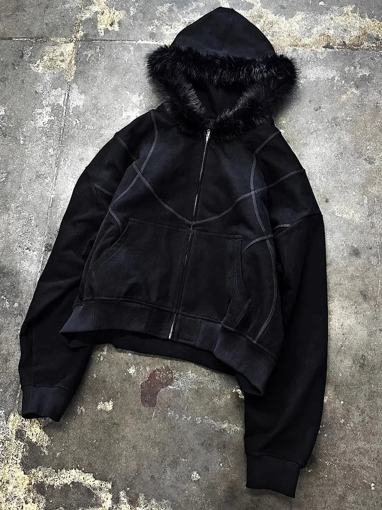 Vintage Street Hoodie Men's Autumn Winter Black Zip Up Hooded Jacket Fur Collar Stitching Design Short Loose Fit Y2K Outfit