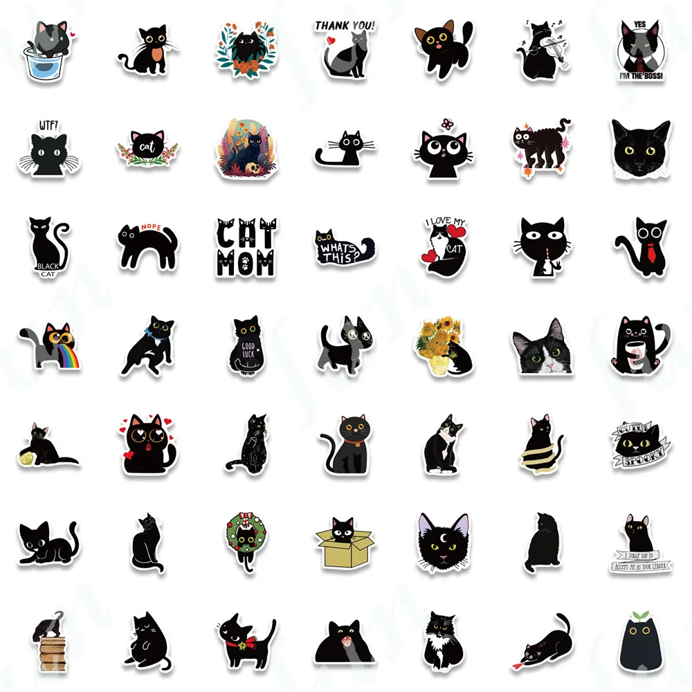 100PCS Black Cat Doodle Stickers Decorate Ipad Notebook DIY Waterproof Stickers Halloween Paper Crafts