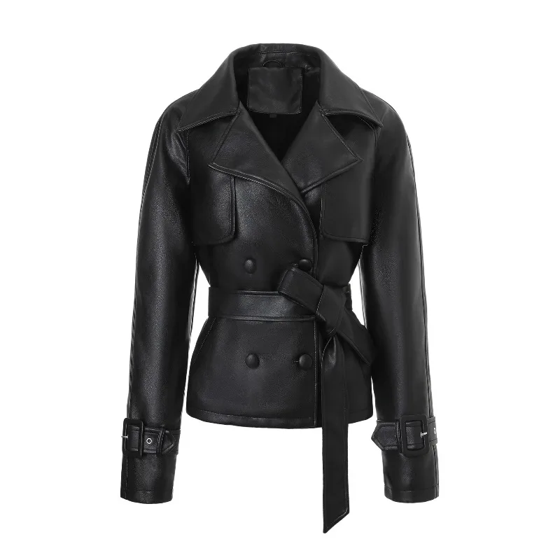 

Luxury Leather Coats Women PU Leather Trench Coats Double-breasted Biker Jacket Waist Cinched with A Belt Outerwears Women