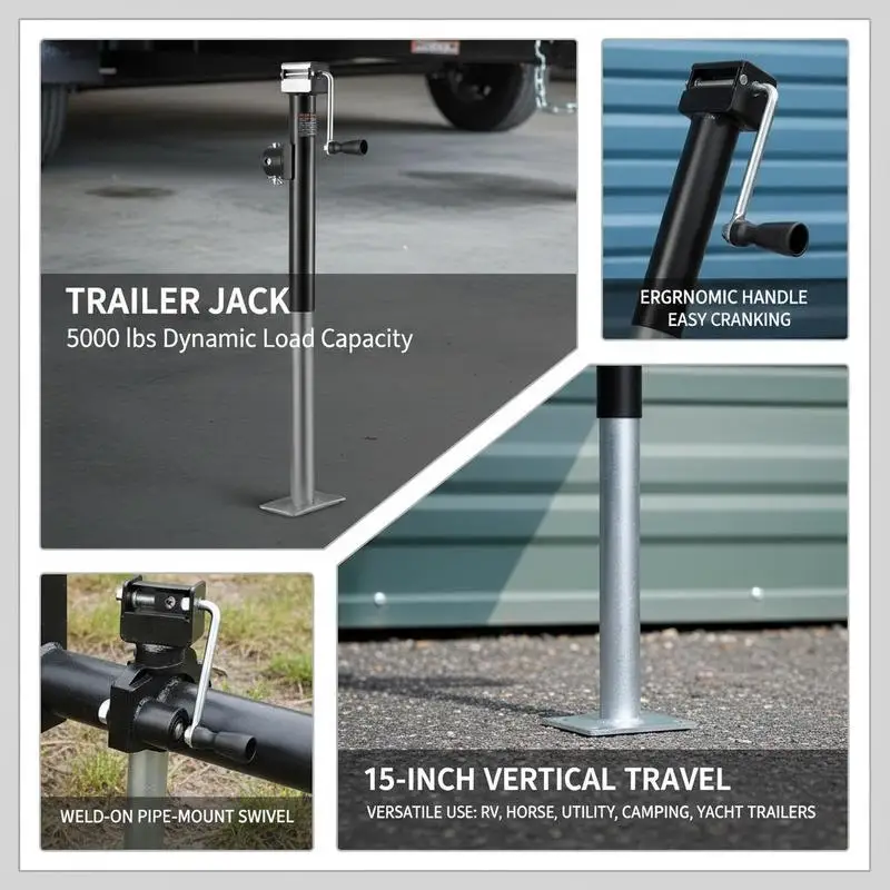 Pipe-Mount Swivel Support Leg 15-inch Vertical Travel For RV Horse Utility Trailer 5000 lbs Dynamic Load Capacity Ergonomic Handle Lift Manual Crank Adjustment view 5