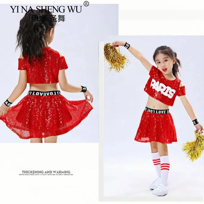 Nouveaux Costumes de danse Jazz pour enfants, ensemble haut court et jupe/short à paillettes pour garçons et filles, tenues de scène de danse de rue moderne Hip Hop