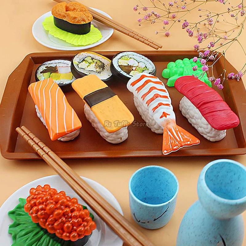 Children Simulation Fake Sushi Rolls Japanese Food Pretend Toys Wasabi Sashimi Prawns Salmon Cuisine Cooking Play House Toy Set