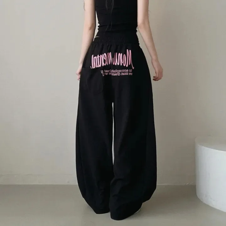 Y2k Drawstring Printing Sweatpants Women Bf Hip Hop Women Fashion Streetwear Sports Trousers Loose Casual Wide Leg Pants