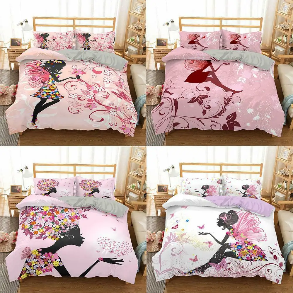 

Romantic Duvet Cover Set: Fairy Girl with Wings & Flying Butterflies. For Women and Couples. Bedding Set