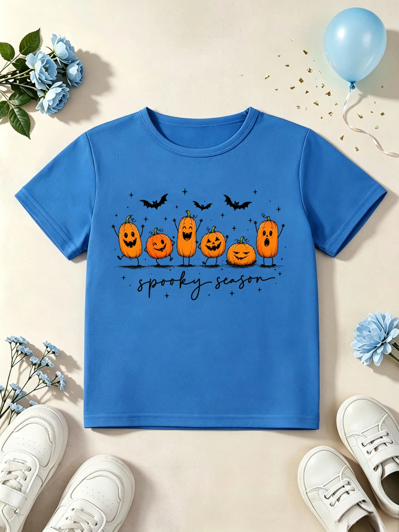 Spooky Season Pumpkin Bats Printed T Shirt Girls/Boys Halloween Gift T-Shirt Funny Kids Clothes