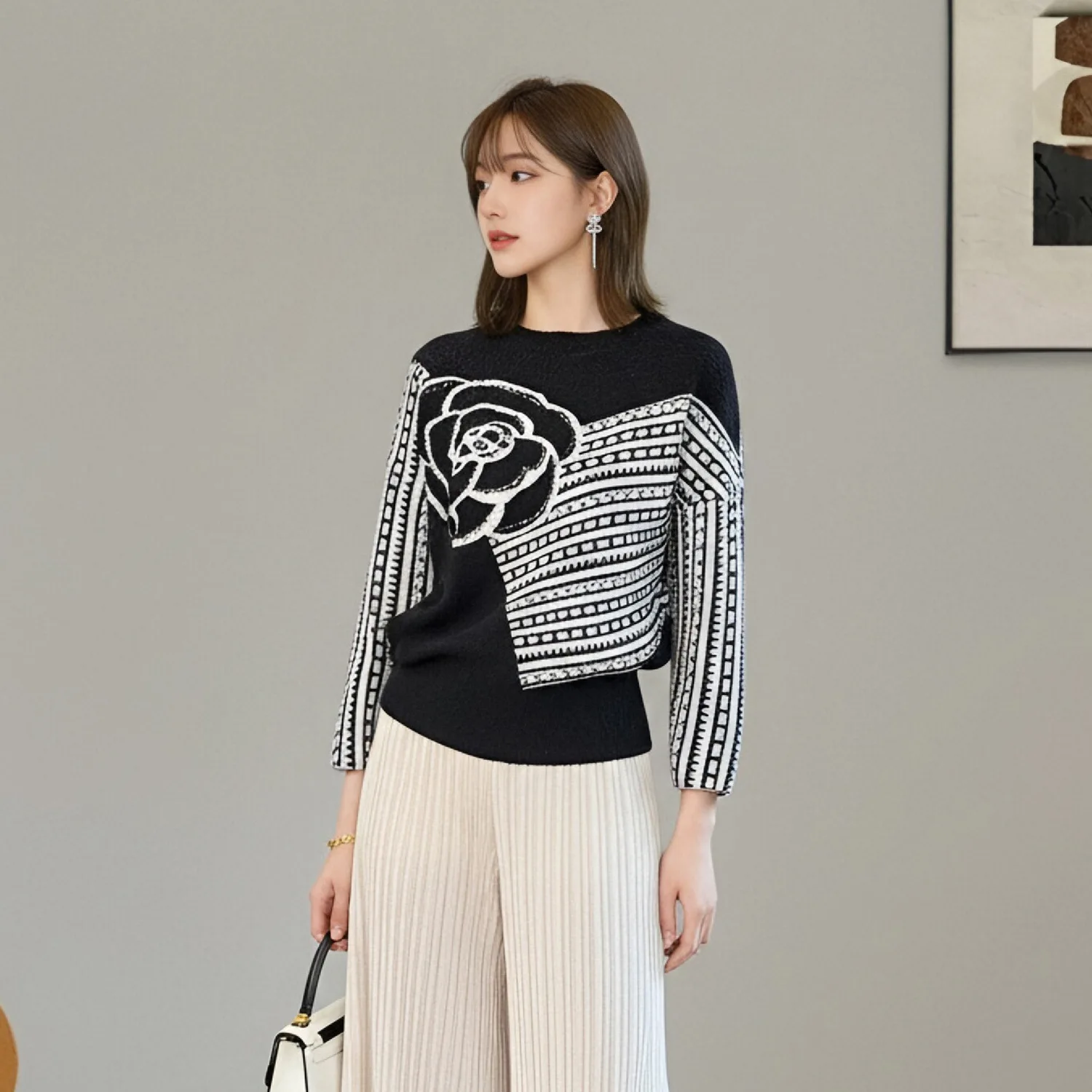Miyake‑Style Pleated Blouse Women Boat Neck Plaid Print 3/4 Sleeve Loose Wrinkle‑Resistant Casual Elegant Ladies Top Shirt