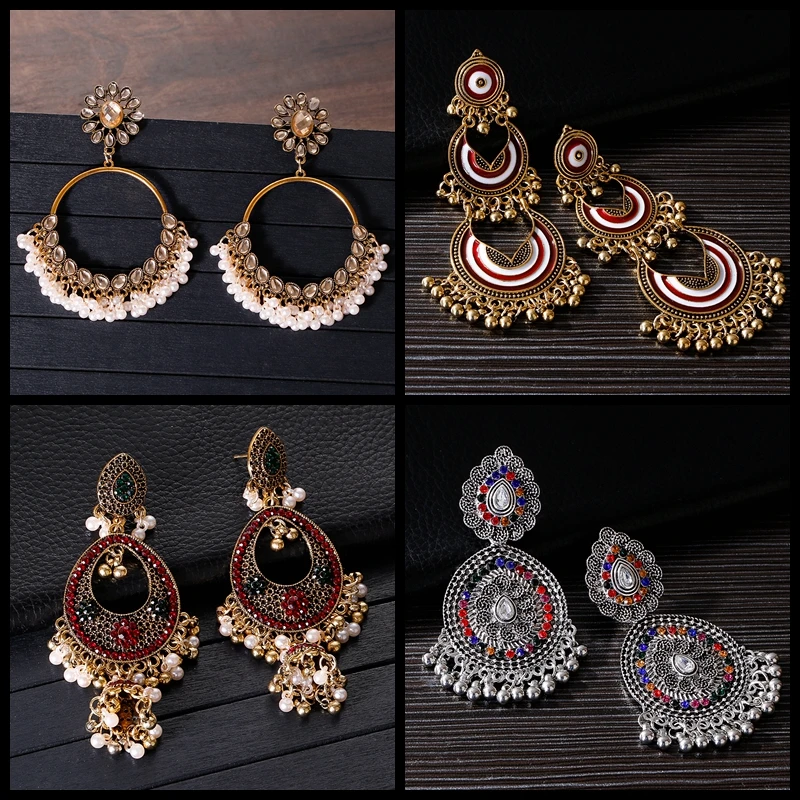 Ethnic Silver Color Baroque Earrings For Women Pendient Boho CZ Pearl Beads Ladies Indian Earring Jewelry Brincos