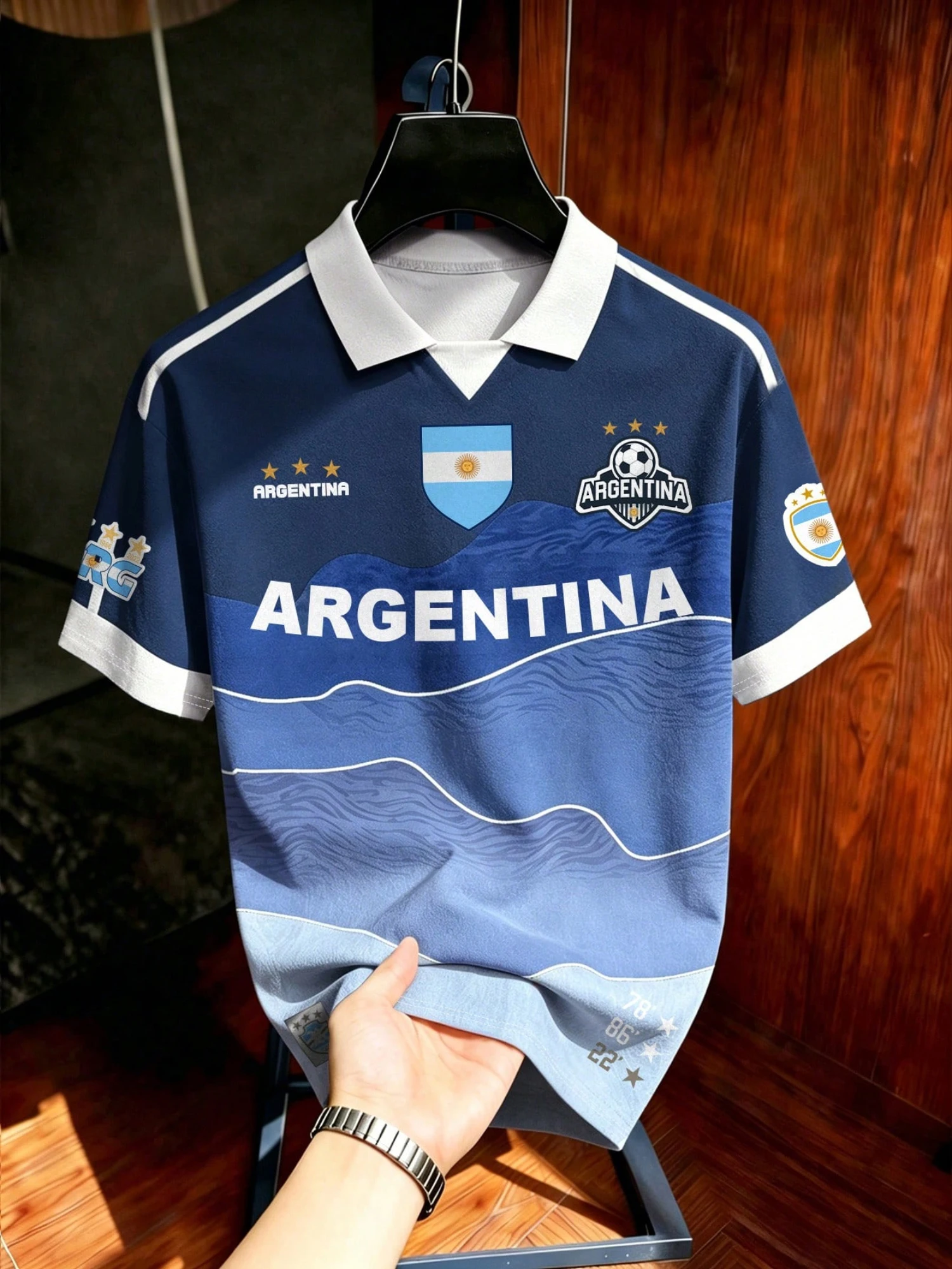 Men's Summer T Shirt Argentina Wave Gradient Print Polo Collar Short Sleeve Soccer Jersey Sport Top Football Supporters Wear