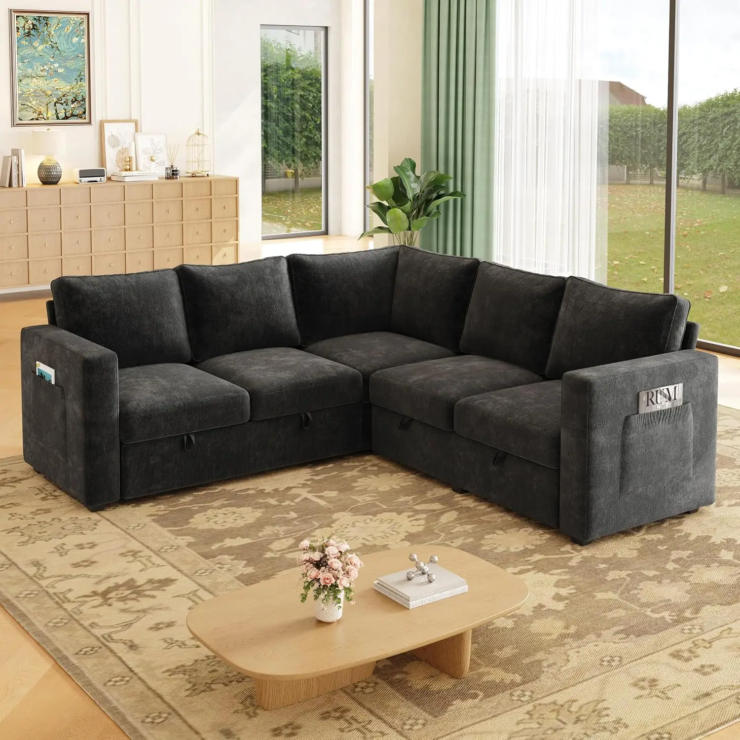 Sectional Sleeper Sofa, Pull Out Couch with Storage,Charcoal Gray,5 Seat, Customized