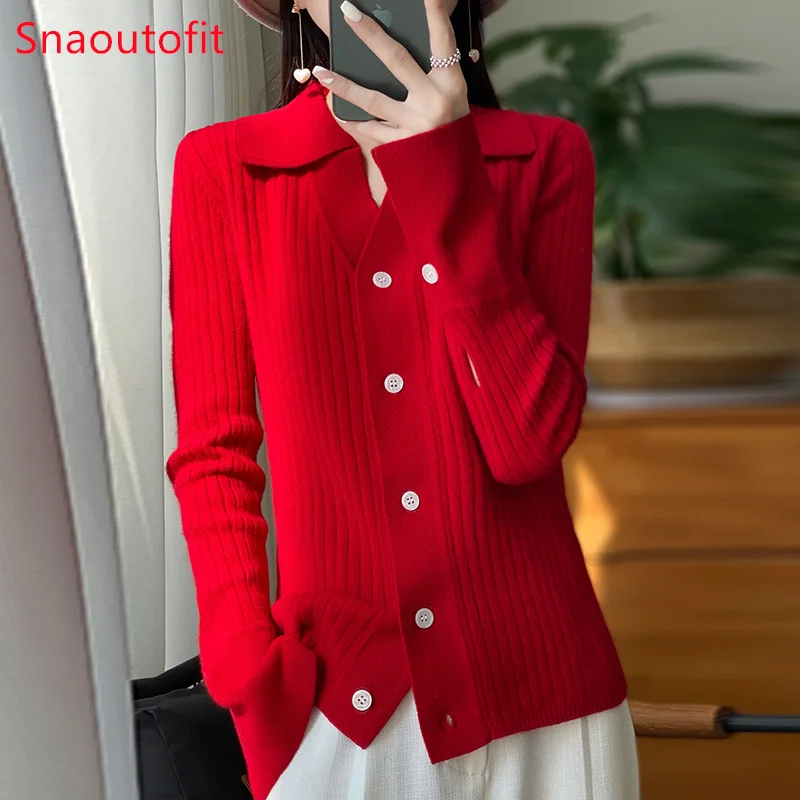 100% Wool Cardigan POLO Neck Solid Color Knit Sweater for Women Autumn Winter Fashion Formal Loose Cashmere Coat Niche Chic Top