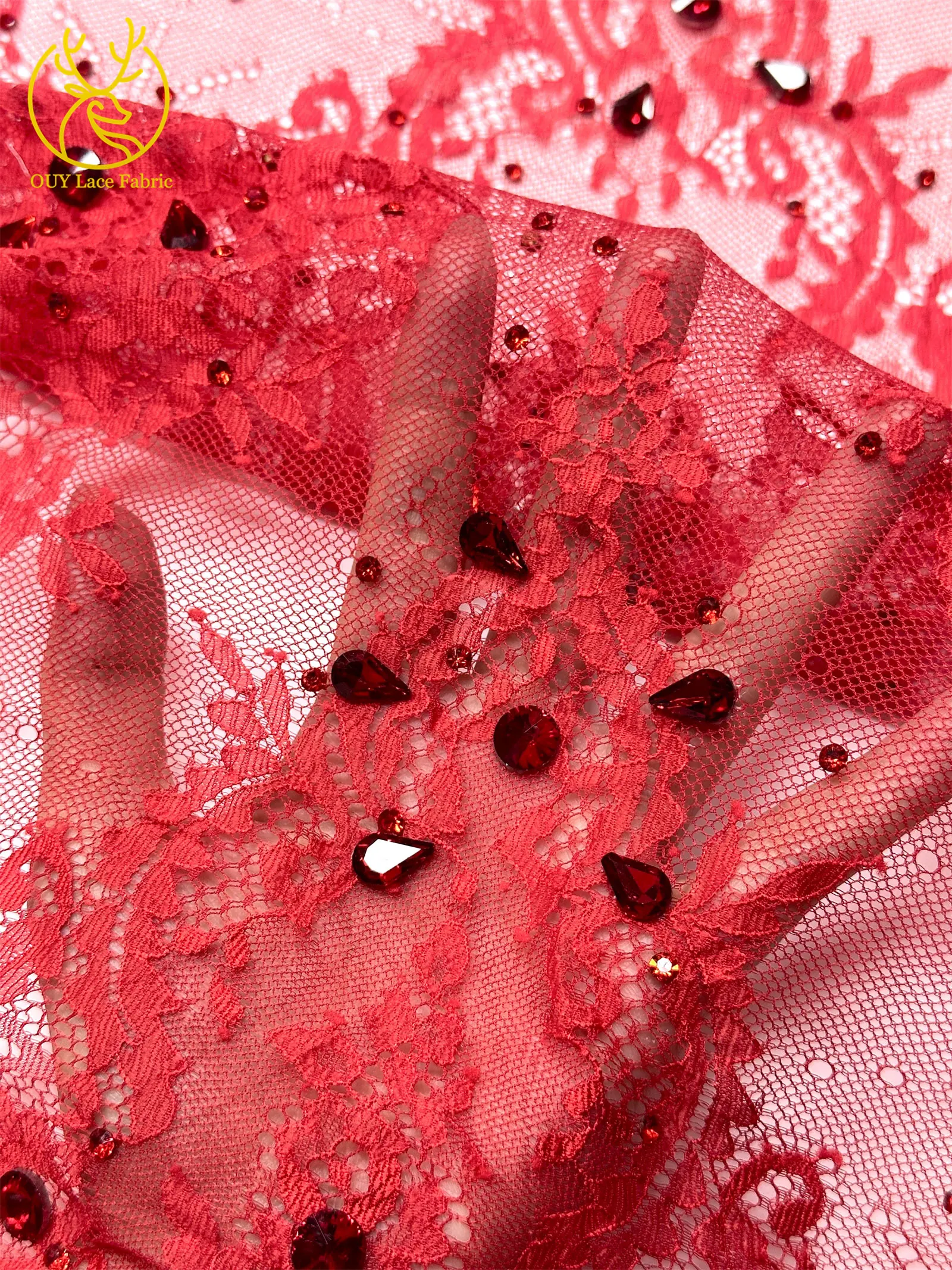 Roter nigerianischer Spitzenstoff, hochwertige afrikanische Milchseide mit Steinen, Guipure-Kordel für Damen-Partykleider, DIY-Nähzubehör, 3 Meter – Detail 8
