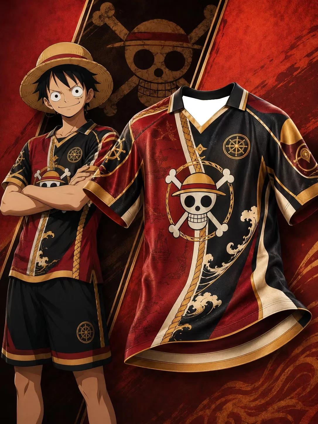 2026_27 Neues One Piece Luffy Series Fußballtrikot mit Kragen, Modisches Unisex Anime Sport Kurzarmtrikot für Familien – Detail 5