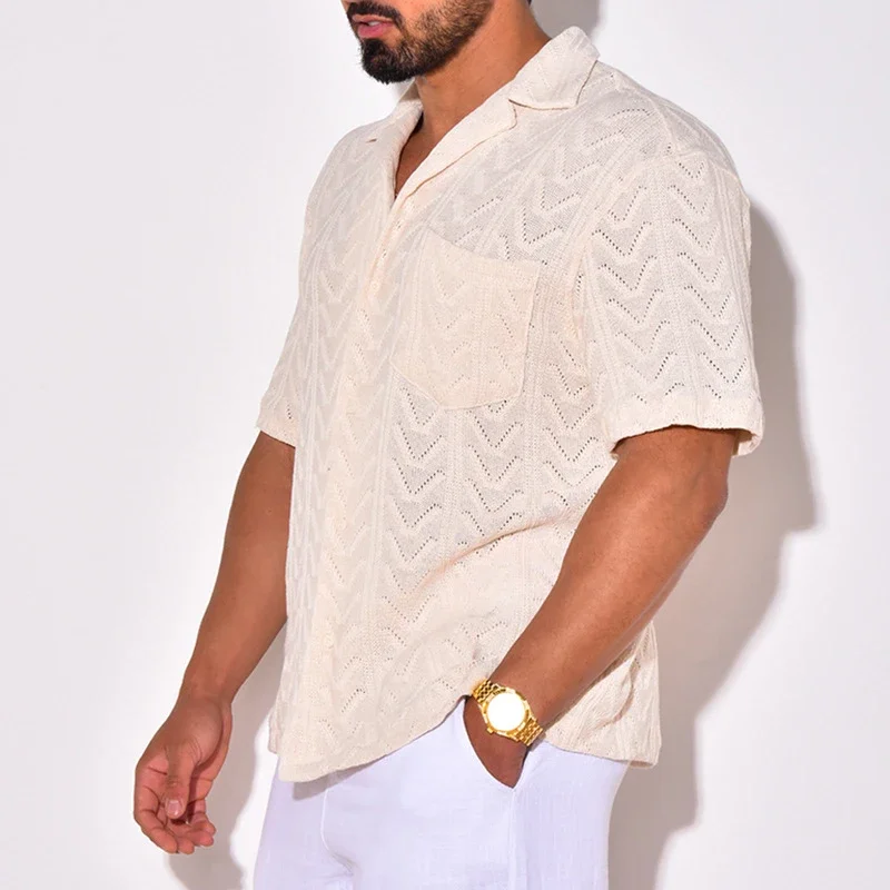 Summer Trendy Breathable Knit Mens Shirt Short Sleeve Lapel Buttoned Knitted Tops Beach Style Vintage Jacquard Crochet Knitwear