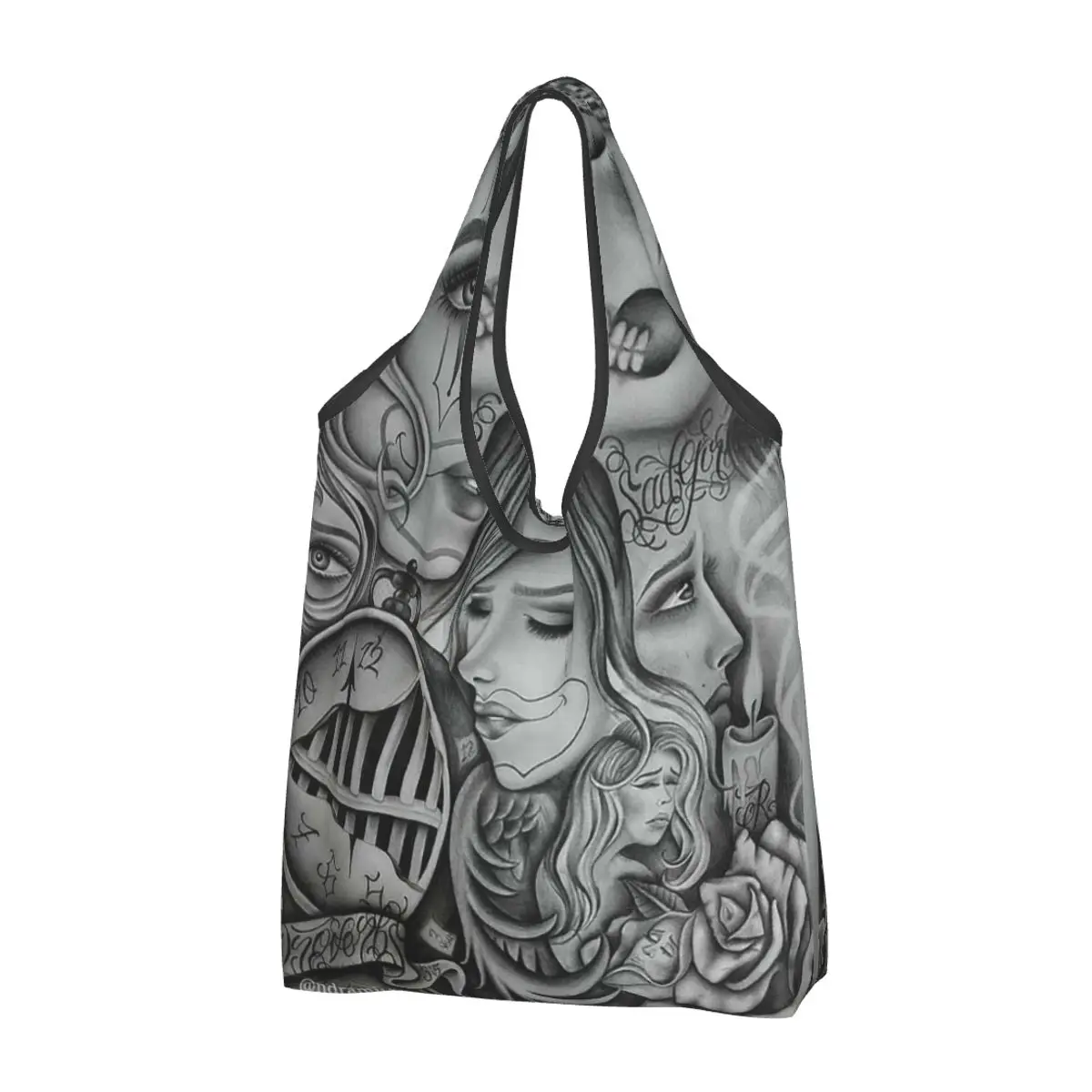 Sad Eyes Chola Clown , Chicano Art , Black And Grey Art Portable Tote Shopping Bags Foldable Shopper Bag Handbag Shoulder Bag