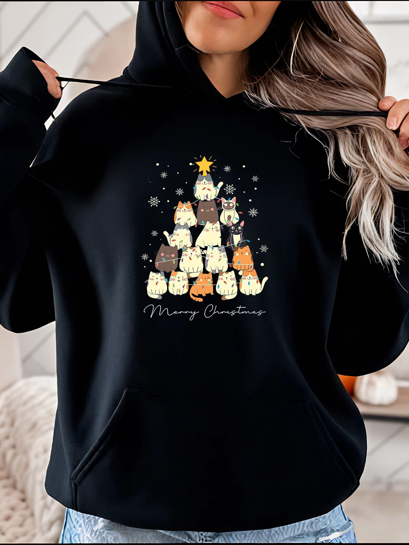 Weihnachten Kratzbaum Druck Hoodie Frauen Casual Winter Sweatshirt Weihnachtsgeschenk für Katzenliebhaber 280