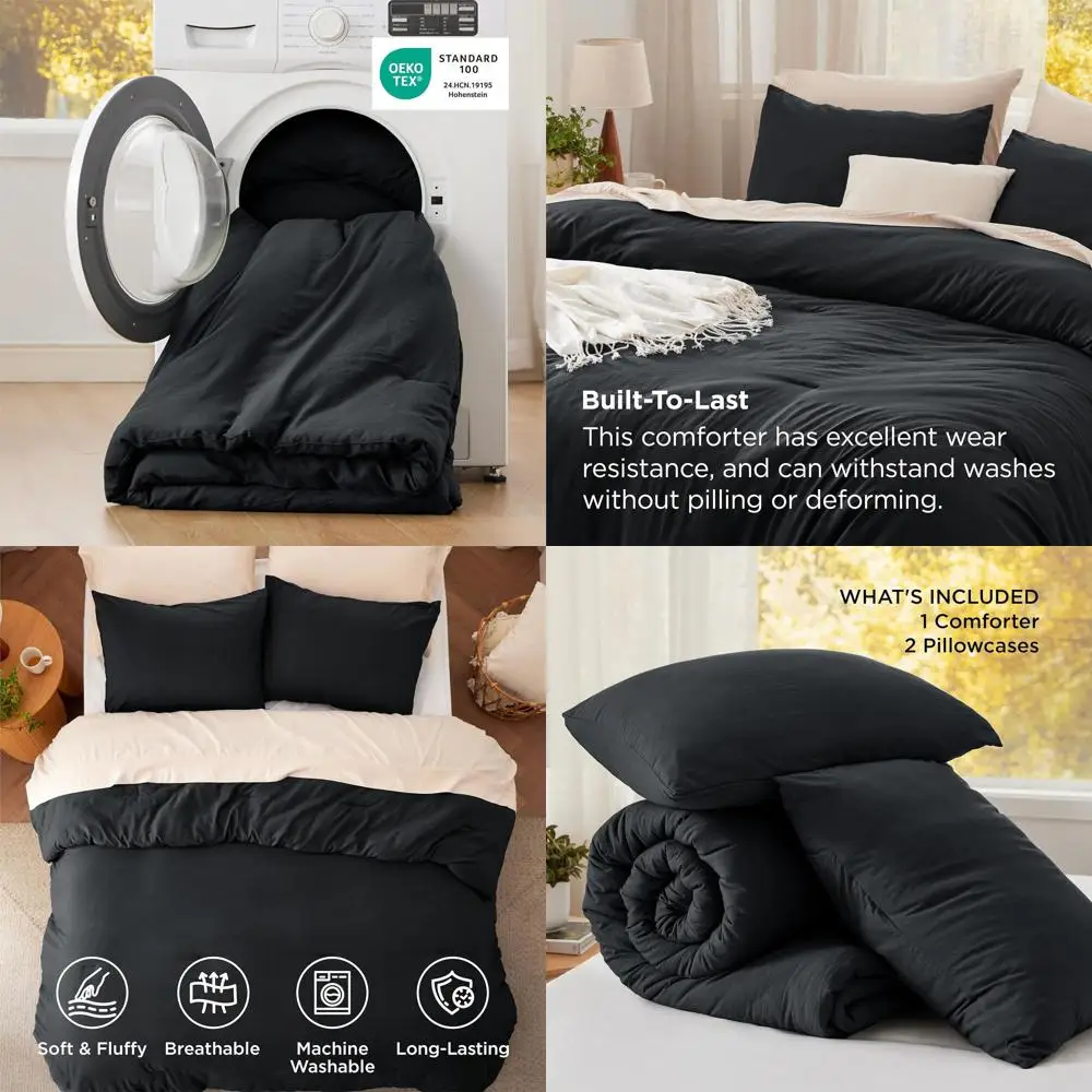 

Black Prewashed Comforter Set, All-Season, 3-Piece Bedding with 1 Lightweight Quilt and 2 Pillowcases