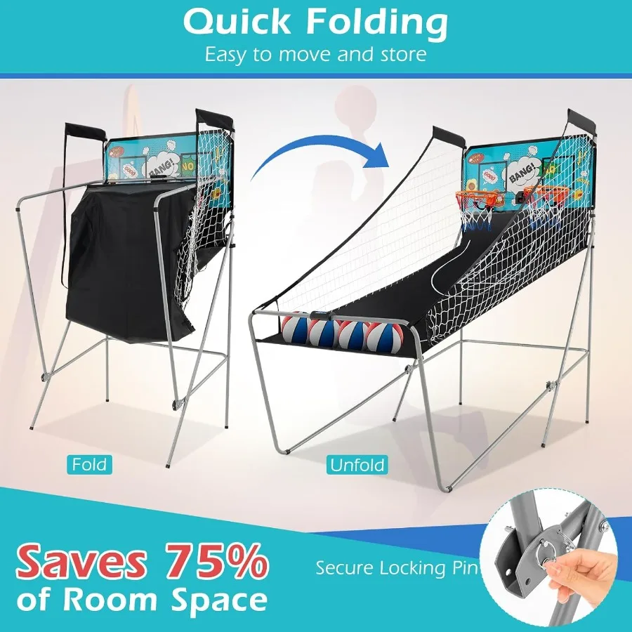 Cesta de basquete eletrônica dobrável com tiro duplo, jogo de arcada de basquete com placar LCD para uso interno e externo, características 8