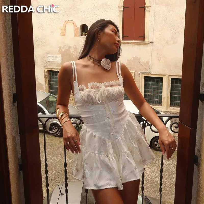 

ReddaChic Floral Satin Rompers Summer Elastic Back Lace Spaghetti Strap Creamy White Mini Dress Fairy Balletcore Women One-piece