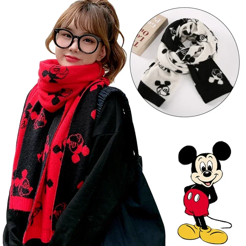 Disney-Cachecol feminino Mickey Mouse de malha, lenço bordado dos desenhos animados, lenço engroçado, lenços quentes ao ar livre do inverno, xales