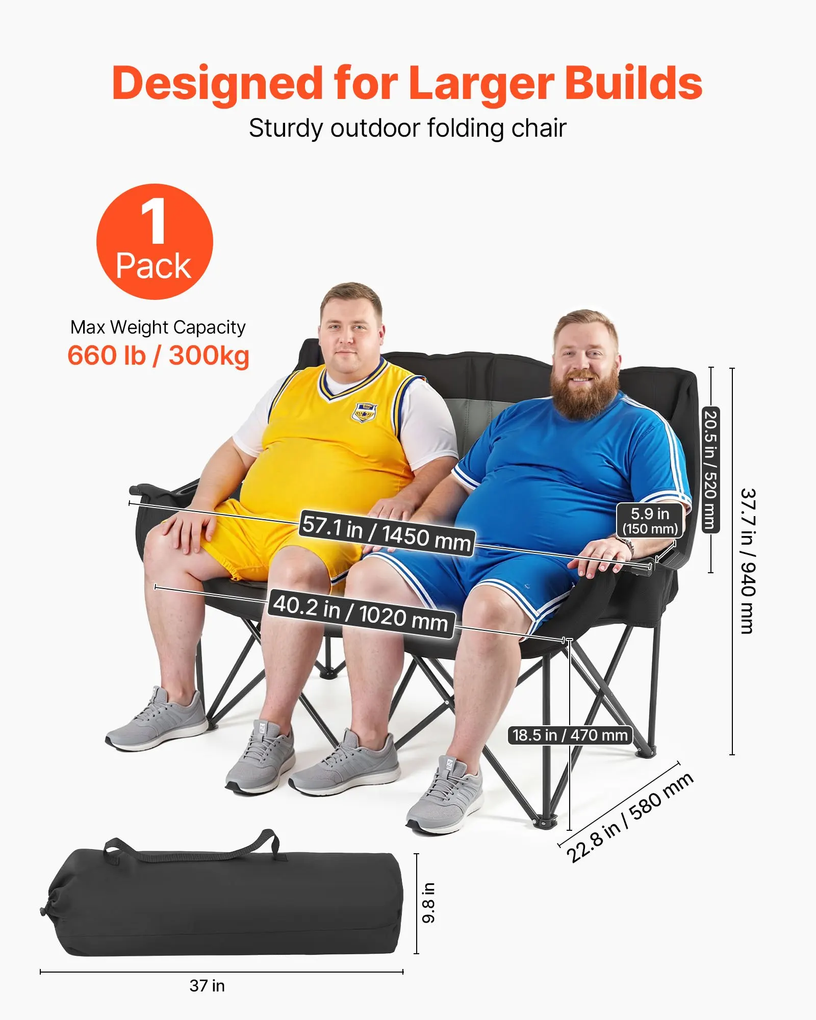 Chaise de camping double, chaise de camping surdimensionnée pour deux personnes avec support robuste de 300 kg, avec deux porte-gobelets, porte-verres à vin, sangles pour magazines, sacs de transport pour l'extérieur, la plage, 1 pièce