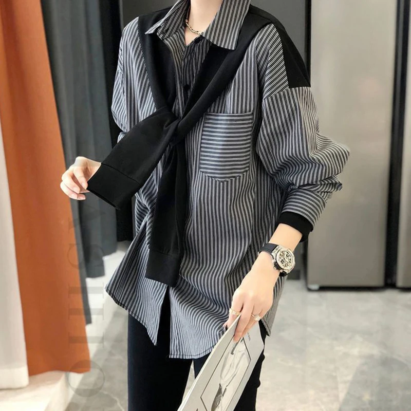 Stripe Women Shirts Korean Lace Up Loose Patchwork Female Casual Blouse Autumn New Office Turn Down Collar Chic Ladies Long Tops