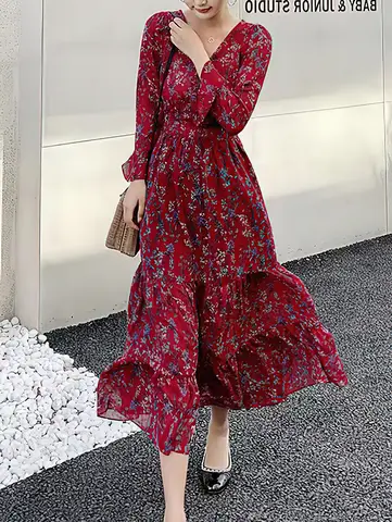 European and American Fashion Pastoral Outdoor Floral Style V-neck Long-sleeved Wine Red Big Swing Layered Dress