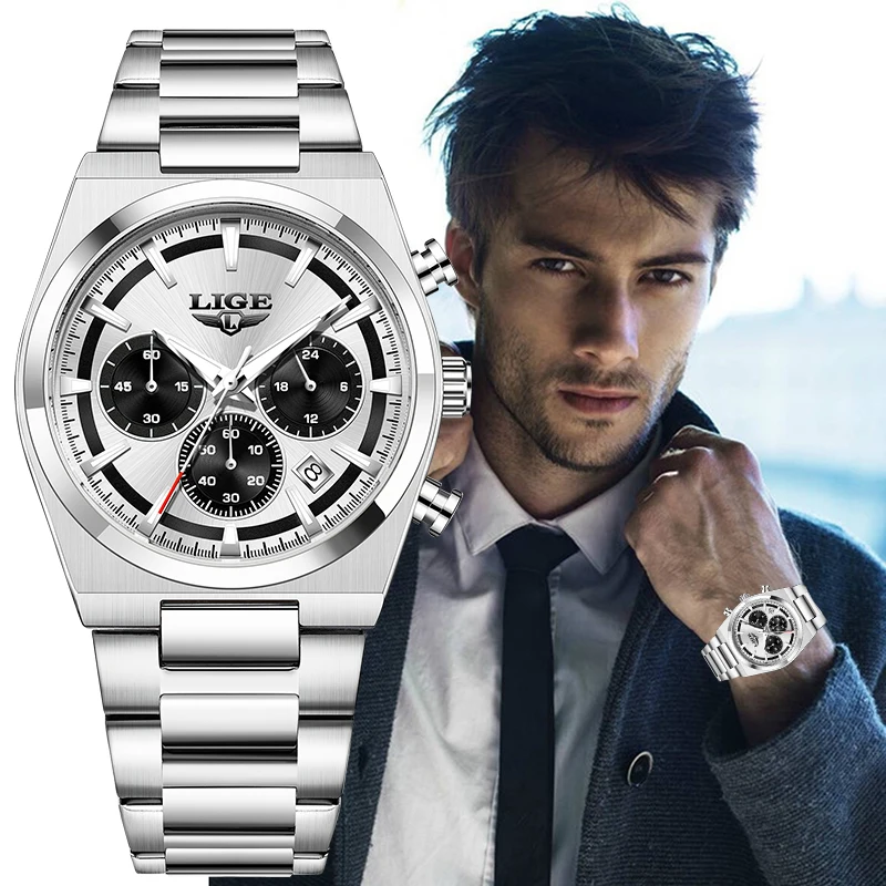 LIGE Top Brand Luxury Quartz Man Watch Classic Stainless Steel Band Waterproof Luminous Clocks Simple Business Auto Date Watches