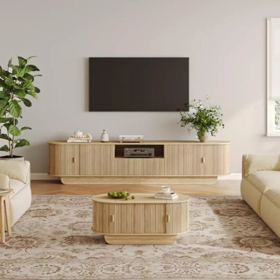 

Комплект из 2 предметов: Тумба под телевизор с рифлением и журнальный столик, ТВ-тумба 86,61 дюйма для телевизоров 55-85 дюймов, современный медиацентр с большим отсеком для хранения