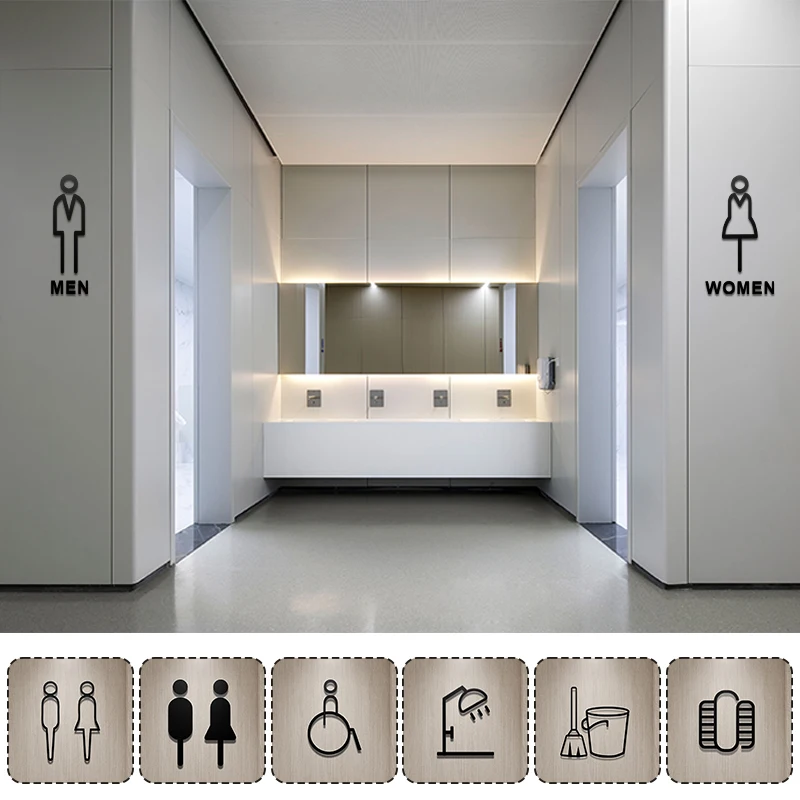 Shopping Malls Office Toilet Sign Plate Acrylic 3D Wash Room Door Wall Label Sticker WC Signage Board Art Hotel Home Decor