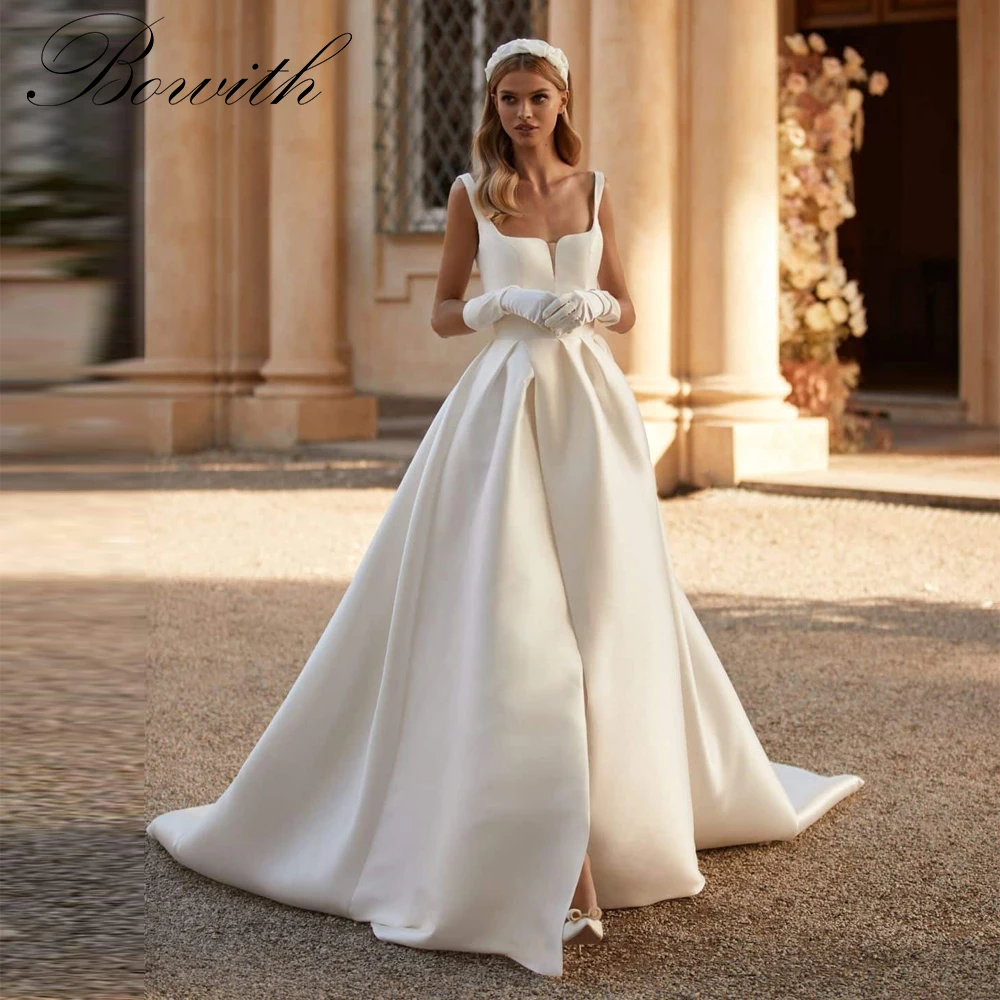 

Bowith Sleeveless A-Line Wedding Dress Satin Square Collar Sweep Train Princess Bride Gown customized vestidos de novia