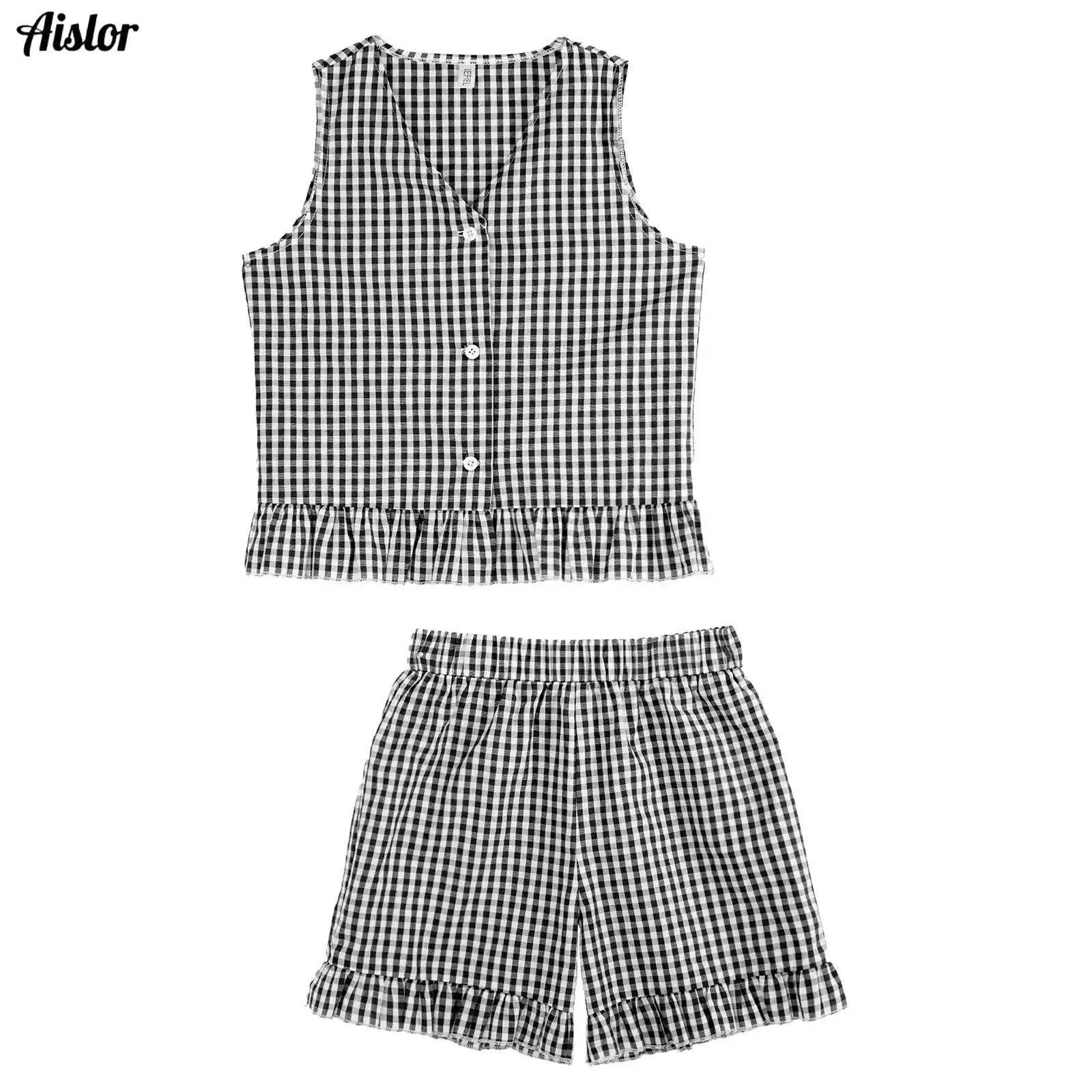 

2Pc/Set Girl Set Summer Cotton Checkered Sleeveless Top Shorts Girl Sets Sleeveless Casual Beach Baby Girl Outfit