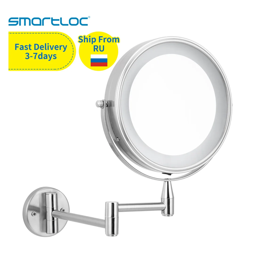 Smartloc Extendable LED 8 inch 5X/10X Magnifying Bathroom Wall Mounted Mirror Mural Light Vanity Makeup Bath Cosmetic Mirrors