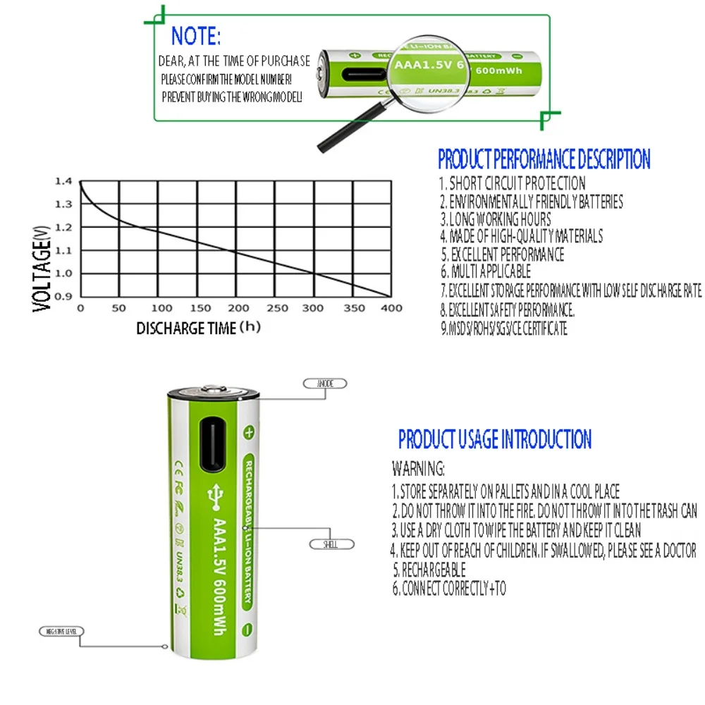 USBリチウムイオン電池,充電式,おもちゃ用,リモコン,懐中電灯,4 in 1ケーブル,aaa,1.5v,600mwh