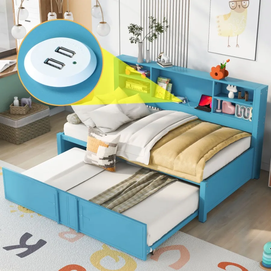 

Metal Twin Size Daybed with Twin Size Trundle Storage Shelves and USB Ports