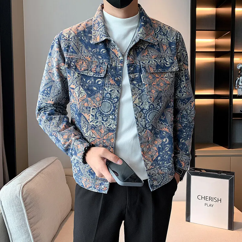 2026 Men\'s Red Printed Denim Jacket, Single Breasted Square Collar Coat, White Blue Trim, Asian Size M-4XL