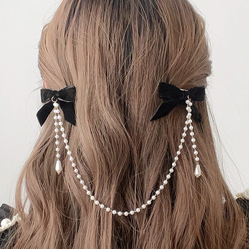 1pc Black Fashion Fringe Elegant Little Fragrance Side Clip Vintage Bow Pearl Chain Hairpin Sweet Hair Embellishments