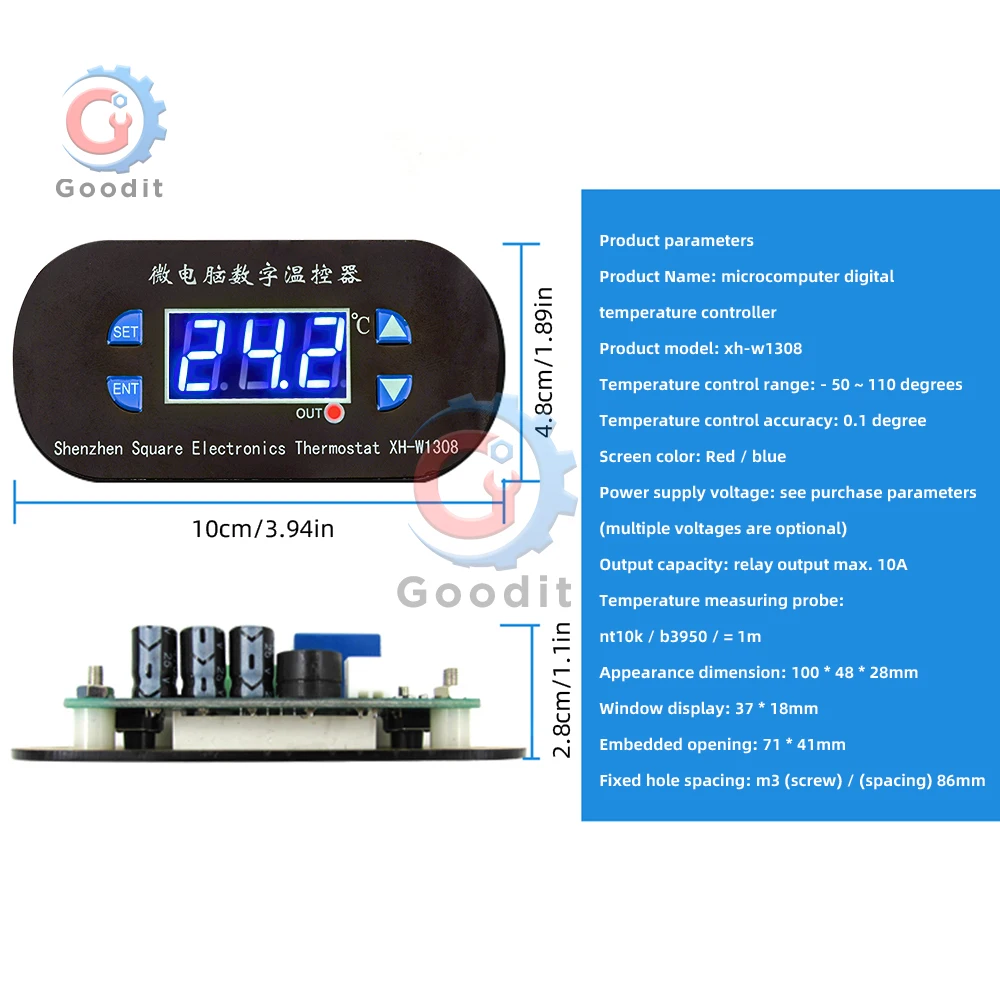W1308 Digital Temperature Controller -55℃~110℃ AC110V/220V with Alarm & Lock, NTC Probe, Blue/Red Display 10A Relay Output