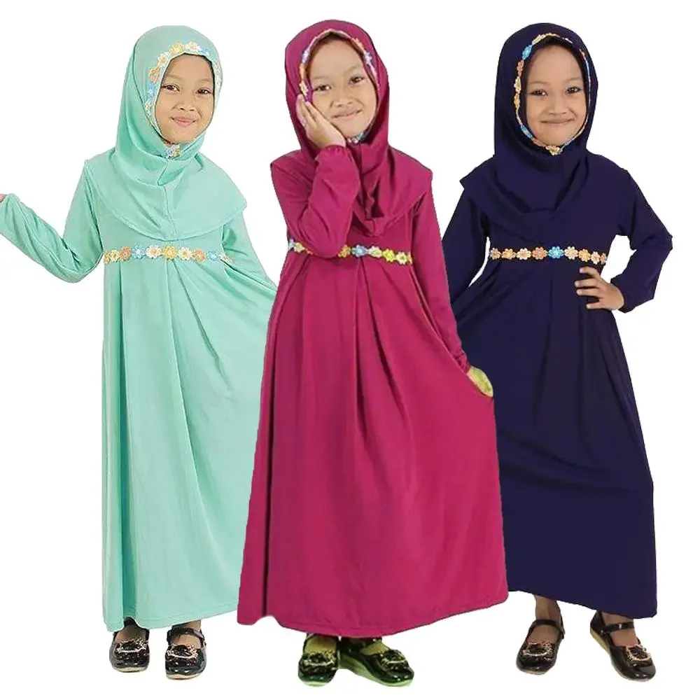 2-częściowa dziecięca muzułmańska sukienka Khimar z długim rękawem Maxi Dress Hijab Set Islamska arabska suknia Kaftan Dubai Tradycyjna suknia Kaftan Eid