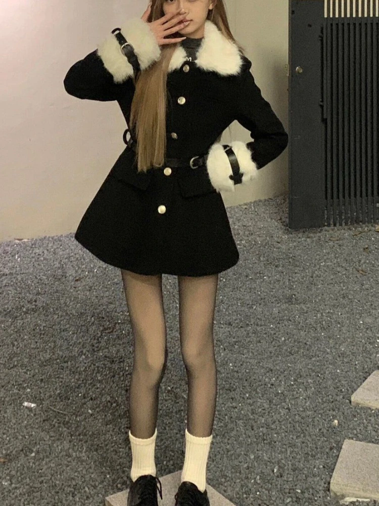 2024 Vintage Elegant Winter New Coat Women Patchwork Y2k Retro Outerwear with Belted Female Korean Fashion Chic Casual Clothes