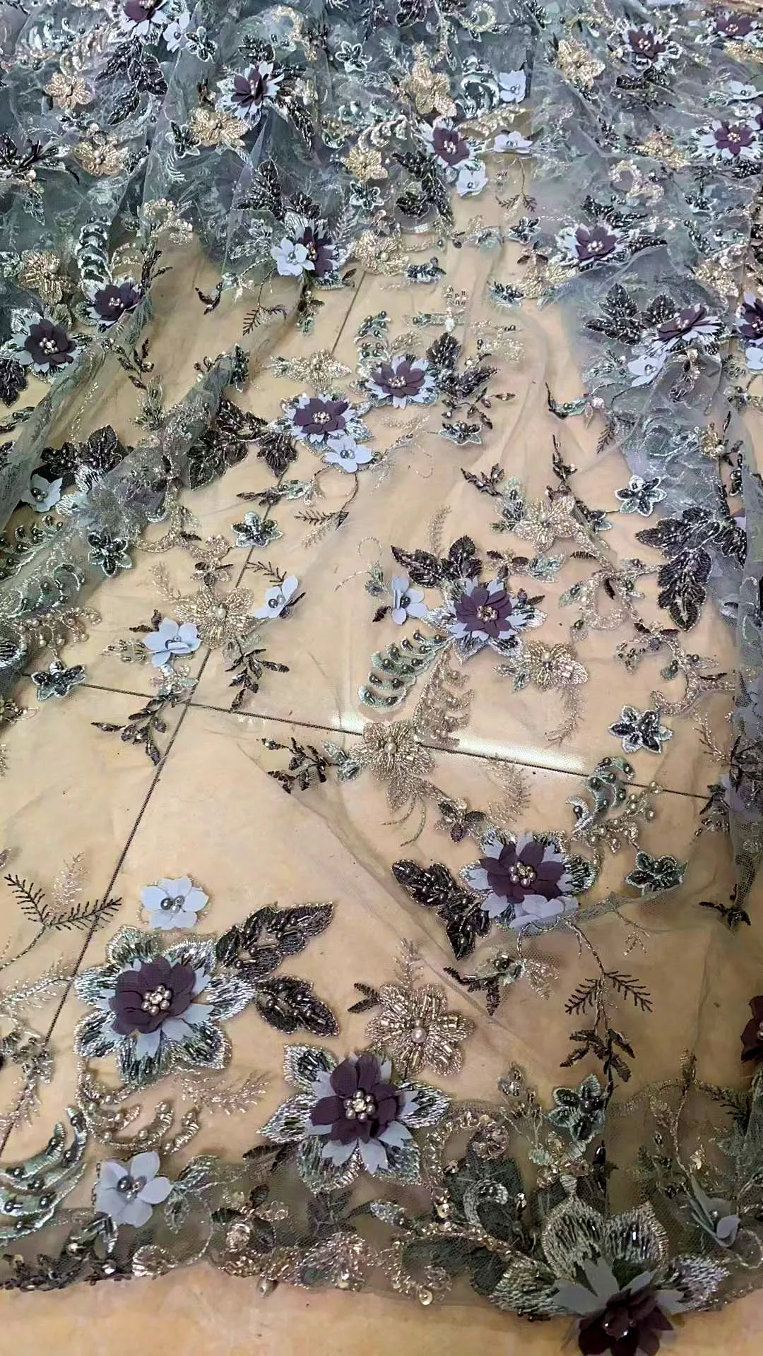 High quality handmade 3D flowers+ beads embroidery fabric French mesh yarn African fabric party dress evening dress 5yards