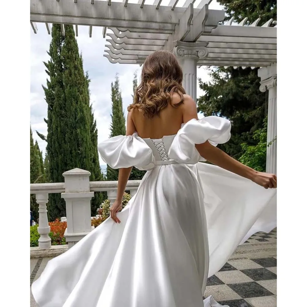 Robe de Mariée en Satin Sexy avec Fente Haute, Manches Acbables, Ligne A, Sans Bretelles, Patients, Cour, Traîne Couture, 2024