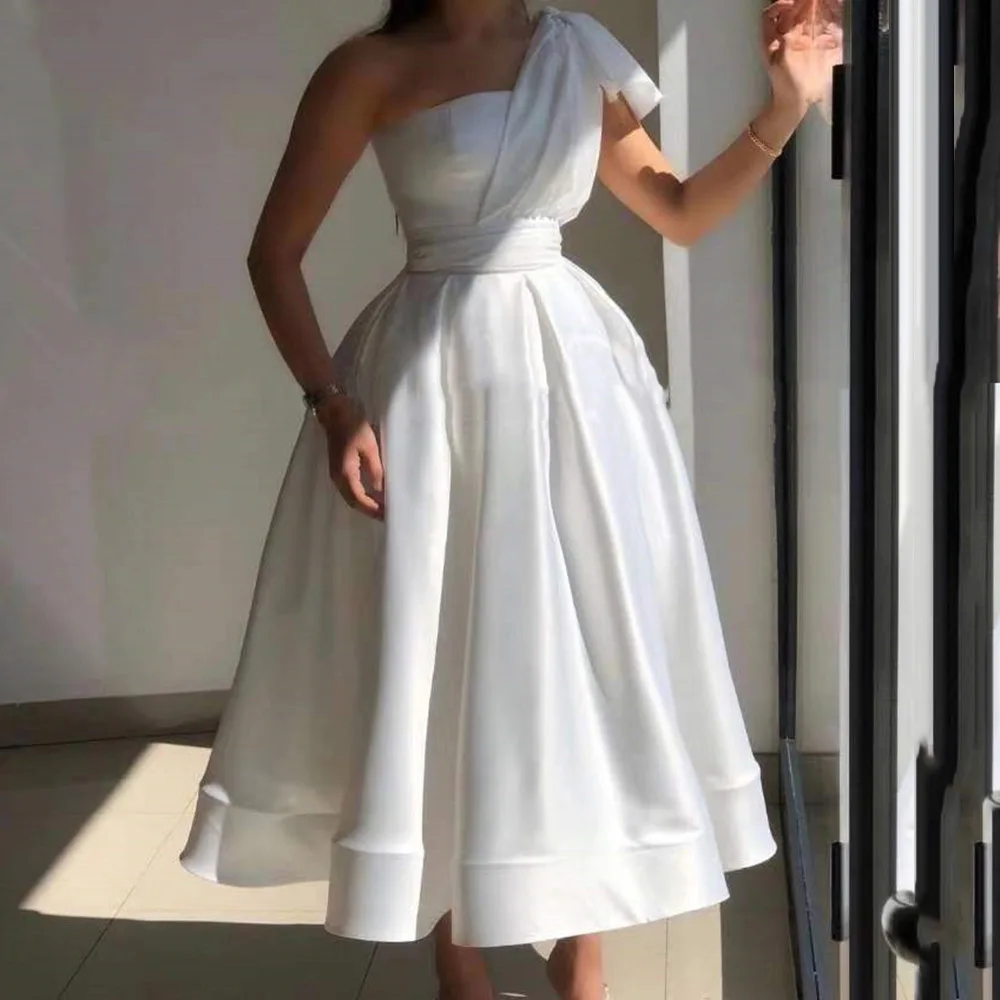 

A-Line Short White Prom Party Dress One Shoulder Tea-Length Satin Evening Formal Gowns Celebrity Style Robe De Soiree