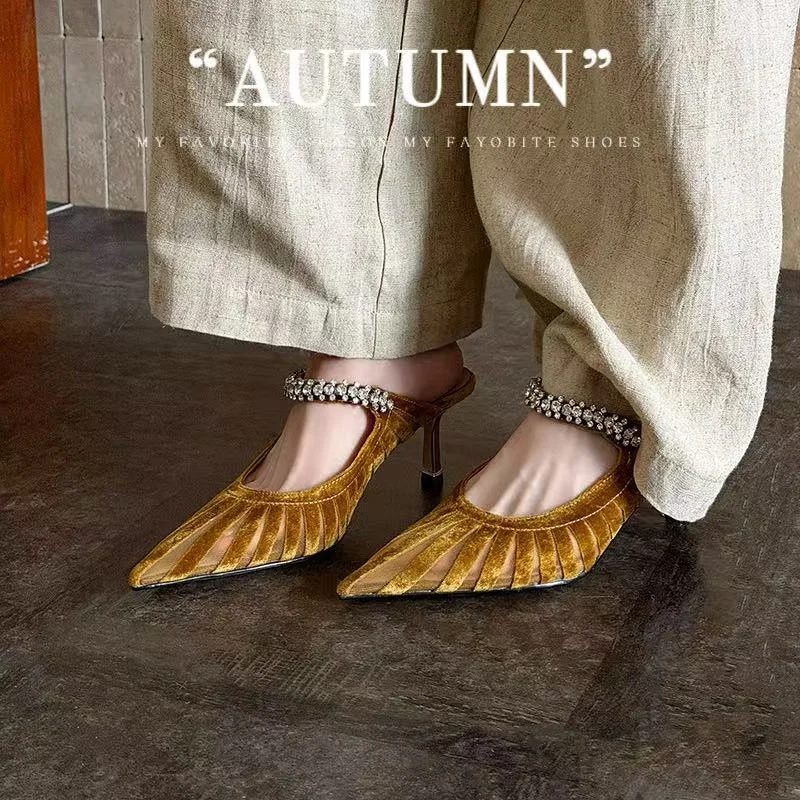 2026new spring summer women sandals natural leather 22-25cm flannel+sheepskin+pigskin buckle crystal mules high heel women shoes