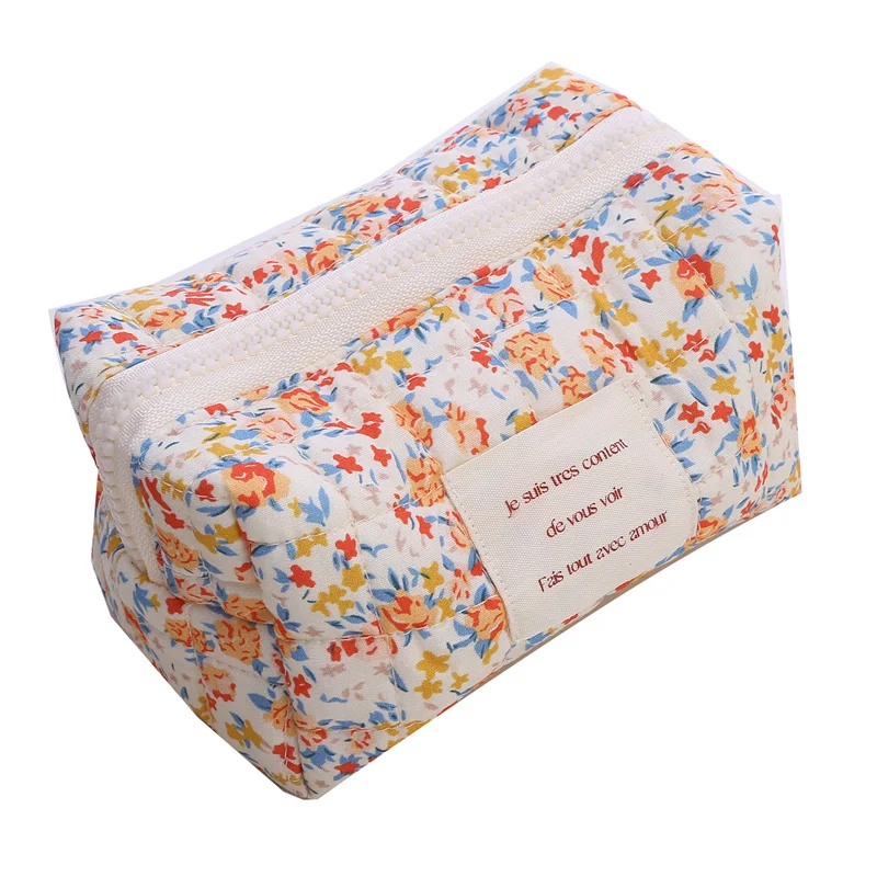 Storage Organizer Floral Puffy Quilted Makeup Bag Flower Printed Cosmetic Pouch Large Travel Cosmetic Bag Makeup Accessory