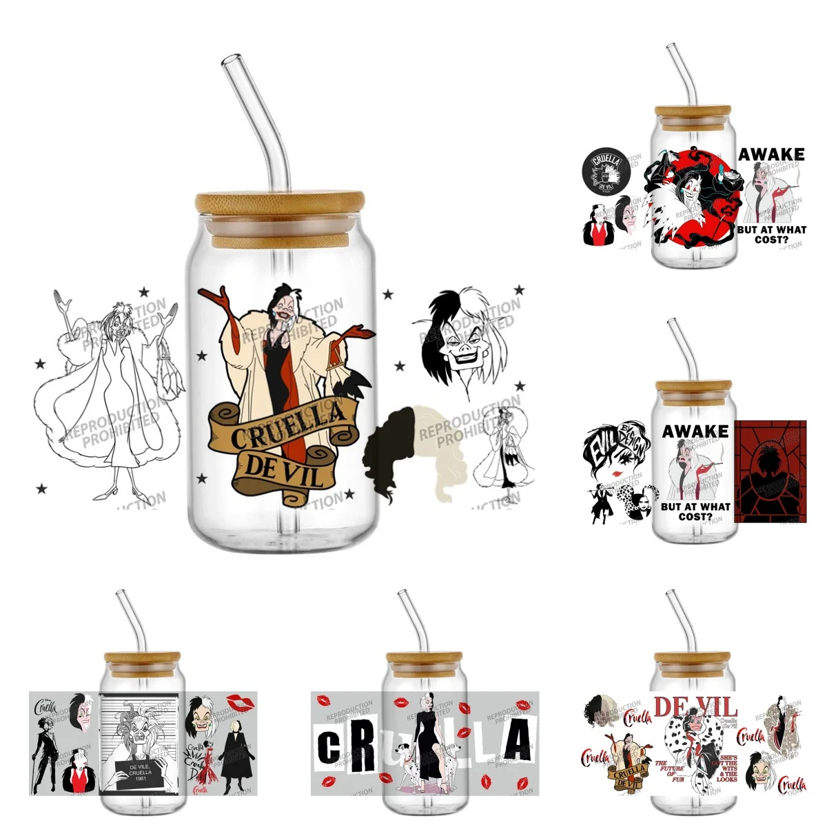 

Villain Cruella De Vil UV DTF Cup Wraps для водонепроницаемых наклеек UVDTF на 16 унций, наклейки для стеклянных чашек, кружка, подарочная наклейка «сделай сам»