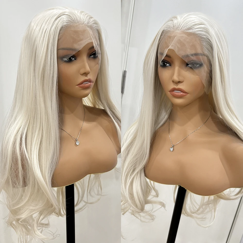 RDY Platinum Blonde Wig Natural Wave Wig Synthetic Frontal Lace Wigs For Women'S White Blonde Wig Long Wavy Lace Hair Cosplay